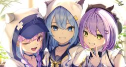 Rule 34 | 3girls, absurdres, animal hood, beret, black footwear, blue choker, blue eyes, blue hair, blue headwear, choker, commentary request, fang, green eyes, grin, hat, highres, hololive, hood, hood up, hoshimachi suisei, hoshimachi suisei (school uniform), jacket, looking at viewer, low twintails, minato aqua, minato aqua (sailor), multicolored hair, multiple girls, neckerchief, official alternate costume, one eye closed, open mouth, piccolo (gvgk8874), purple eyes, purple hair, purple nails, school uniform, serafuku, shirt, short hair, signature, sleeveless, sleeveless shirt, smile, star (symbol), star in eye, streaked hair, symbol in eye, tokoyami towa, tokoyami towa (jirai kei), twintails, upper body, v, virtual youtuber, white jacket, white shirt, yellow neckerchief