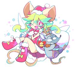 Rule 34 | 1girl, 2boys, animal ears, blush stickers, christmas, green hair, heart (mad rat dead), mad rat, mad rat dead, mouse (animal), mouse ears, mouse girl, mouse tail, multiple boys, nippon ichi, rat god, red eyes, stitches, tail, wings
