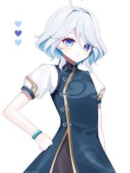 Rule 34 | 1girl, ahoge, arm at side, black bodysuit, blue eyes, blue hair, blush, bodysuit, china dress, chinese clothes, closed mouth, colored inner hair, dot nose, dress, furina (genshin impact), genshin impact, hair intakes, hand on own hip, heart, heterochromia, highres, kino (curry pan), looking at viewer, medium hair, multicolored hair, short sleeves, side slit, simple background, smile, solo, white background, white hair