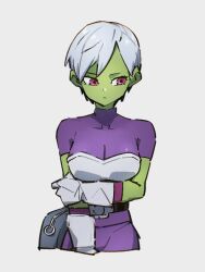 Rule 34 | 1girl, bodysuit, breasts, cheelai, dragon ball, dragon ball super, dragon ball super broly, gloves, grey background, kemachiku, large breasts, looking down, looking to the side, pink eyes, purple bodysuit, short hair, simple background, solo, white gloves, white hair