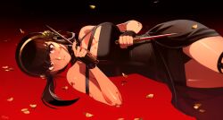 Rule 34 | 1girl, bare shoulders, black dress, black hair, black panties, blood, blood on face, breasts, cleavage, closed mouth, dagger, dress, earrings, falling petals, gold hairband, golden rose, hair ornament, hairband, highres, holding, holding needle, jewelry, knife, large breasts, long hair, looking at viewer, lying, needle, on side, optionaltypo, panties, petals, red eyes, sidelocks, solo, spy x family, stiletto (weapon), underwear, weapon, yor briar