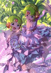 Rule 34 | 2girls, :d, absurdres, anisakisu, bare shoulders, breasts, colored eyelashes, commentary request, dress, dual persona, elbow gloves, falulu, falulu (awakened), floating hair, floral print, forehead jewel, gloves, green hair, grey eyes, headphones, highres, light particles, long hair, looking at another, multiple girls, open mouth, parted bangs, pretty series, pripara, sidelocks, small breasts, smile, strapless, strapless dress, twintails, very long hair, white dress, white gloves