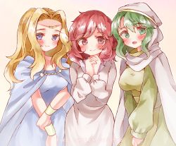 Rule 34 | 3girls, blonde hair, blue eyes, blush, cape, circlet, crossed arms, dress, edain (fire emblem), fire emblem, fire emblem: genealogy of the holy war, fire emblem: mystery of the emblem, fire emblem: thracia 776, green eyes, green hair, own hands clasped, jewelry, lena (fire emblem), long hair, long sleeves, looking at viewer, medium hair, multiple girls, nintendo, open mouth, own hands together, red eyes, red hair, safy (fire emblem), smile, sui (aruko91)