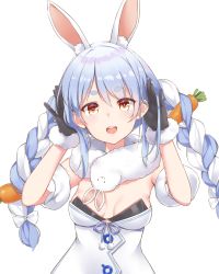 Rule 34 | 1girl, :d, animal ear fluff, animal ears, black gloves, blue hair, bow, bra, braid, breasts, carrot hair ornament, cleavage, detached sleeves, don-chan (usada pekora), dress, food-themed hair ornament, fur trim, gloves, hair between eyes, hair bow, hair ornament, hand in own hair, highres, hololive, long hair, looking at viewer, multicolored hair, open mouth, orange eyes, puffy short sleeves, puffy sleeves, rabbit-shaped pupils, rabbit ears, rabbit girl, rabbit pose, shiunnkaku, short sleeves, sidelocks, silver hair, simple background, small breasts, smile, solo, symbol-shaped pupils, teeth, thick eyebrows, twin braids, twintails, two-tone hair, underwear, upper body, upper teeth only, usada pekora, usada pekora (1st costume), virtual youtuber, white background, white bow, white dress
