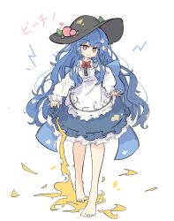 Rule 34 | 1girl, barefoot, blue dress, blue hair, blush, bow, bowtie, breasts, brown eyes, brown hat, dress, food, frilled dress, frilled sleeves, frills, fruit, fruit hat ornament, hat, heart, highres, hinanawi tenshi, layered dress, long hair, long sleeves, looking at viewer, medium breasts, multicolored clothes, multicolored dress, peach, peach hat ornament, primsla, red bow, red bowtie, red eyes, smile, solo, standing, sun hat, touhou, translation request, very long hair, wavy hair, white dress
