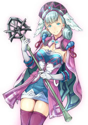 Rule 34 | 1girl, blue eyes, cape, curly hair, gloves, hat, head wings, melia antiqua, nintendo, purple thighhighs, silver hair, solo, staff, sugarbeat, thighhighs, wings, xenoblade chronicles (series), xenoblade chronicles 1