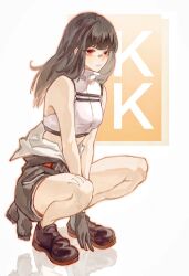 Rule 34 | 1girl, bandaid, bandaid on face, bandaid on nose, bare arms, bare legs, bare shoulders, black footwear, black gloves, black hair, blunt bangs, breasts, character name, chinese commentary, clothes around waist, commentary, crop top, from side, full body, gloves, grey shorts, hand on floor, highres, k.k. (path to nowhere), leg tattoo, loafers, long hair, looking at viewer, looking to the side, medium breasts, midriff, own hands together, path to nowhere, red eyes, reflective floor, shirt, shoes, shorts, sideways glance, sleeveless, sleeveless shirt, solo, squatting, tattoo, turtleneck, turtleneck shirt, white background, white shirt, xiyiji li you zhi