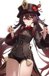 Rule 34 | 1girl, brown hair, flower-shaped pupils, genshin impact, hat, highres, hu tao (genshin impact), long sleeves, looking at viewer, melreon, nail polish, simple background, smile, solo, standing, symbol-shaped pupils, twintails