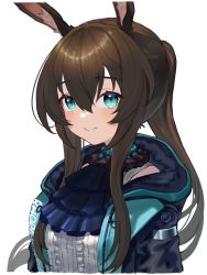 Rule 34 | 1girl, amiya (arknights), arknights, ascot, black jacket, blue ascot, blue collar, blue eyes, blush, brown hair, collar, commentary, cropped torso, hair between eyes, highres, jacket, long hair, looking at viewer, open clothes, open jacket, ponytail, rabbit girl, scarlet23i0, shirt, shoulder peek, sidelocks, simple background, sleeveless, sleeveless shirt, smile, solo, upper body, white background, white shirt