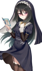 Rule 34 | 1girl, absurdres, black thighhighs, blush, book, closed mouth, cowboy shot, garter straps, green hair, habit, hair between eyes, highres, holding, holding book, long hair, long sleeves, looking at viewer, nun, open book, original, pink nails, red eyes, sayano (yakob labo), simple background, smile, solo, thighhighs, white background, yakob labo