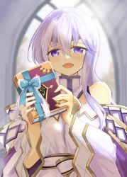 Rule 34 | 1girl, :d, bare shoulders, blue bow, blurry, blurry background, book, bow, circlet, detached sleeves, dress, fire emblem, fire emblem: genealogy of the holy war, fire emblem heroes, highres, holding, holding book, indoors, julia (fire emblem), looking at viewer, nintendo, open mouth, purple eyes, purple hair, smile, solo, turtleneck, turtleneck dress, upper body, white dress, wide sleeves, window, yukia (firstaid0)