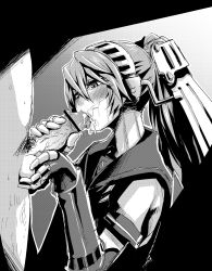 Rule 34 | 1girl, android, atlus, blush, caressing testicles, censored, cum, facial, fellatio, greyscale, headphones, hetero, highres, i am homeko, joints, labrys (persona), lips, long hair, male pubic hair, monochrome, oral, penis, persona, persona 4: the ultimate in mayonaka arena, ponytail, pubic hair, robot joints, school uniform, serafuku, testicle grab, testicles