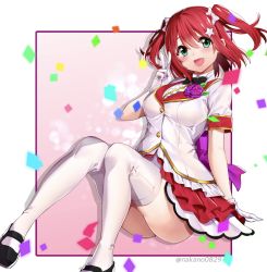 Rule 34 | 1girl, :d, black footwear, bow, breasts, gloves, green eyes, hair between eyes, hair bow, hair ornament, highres, kurosawa ruby, looking at viewer, love live!, love live! sunshine!!, medium breasts, nakano maru, open mouth, red hair, red skirt, shoes, short hair, short sleeves, skirt, smile, solo, star (symbol), star hair ornament, thighhighs, twintails, twitter username, v, white bow, white gloves, white thighhighs