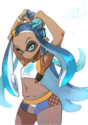 Rule 34 | 1girl, aqua eyes, armlet, armpits, arms up, bikini, blue hair, cowboy shot, creatures (company), dark-skinned female, dark skin, earclip, earrings, game freak, gloves, hair ornament, hoop earrings, inkling, inkling player character, jewelry, long hair, looking at viewer, mask, midriff, navel, nessa (pokemon), nintendo, own hands together, pendant, pointy ears, pokemon, pokemon swsh, pungter, shorts, single glove, solo, sportswear, stomach, suction cups, swimsuit, tankini, tentacle hair, very long hair
