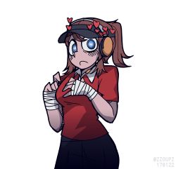 Rule 34 | 1girl, bandaged hand, bandages, black skirt, blue eyes, blush, breasts, brown hair, closed mouth, commentary, english commentary, headphones, heart, heart-shaped pupils, helltaker, high ponytail, highres, looking at viewer, medium breasts, red scout (tf2), red shirt, scout (tf2), shirt, short sleeves, sidelocks, simple background, skirt, solo, symbol-shaped pupils, team fortress 2, transparent background, upper body, vanripper (style), visor cap, white background, zzoupz
