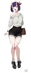 Rule 34 | 1girl, absurdres, artist name, bag, bare shoulders, black footwear, black shorts, blouse, blush, breasts, collarbone, commentary, contemporary, fang, fate/grand order, fate (series), full body, garin, grey socks, hair ribbon, handbag, highres, horns, jewelry, looking at viewer, nail polish, off-shoulder shirt, off shoulder, oni, open mouth, pendant, puffy short sleeves, puffy sleeves, purple eyes, purple hair, red ribbon, ribbon, shirt, shoes, short hair, short shorts, short sleeves, shorts, shoulder bag, shuten douji (fate), signature, simple background, skin-covered horns, small breasts, socks, solo, thick eyebrows, white background, white shirt