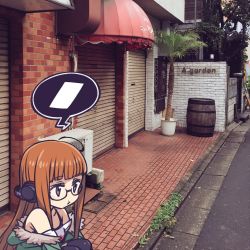 Rule 34 | 10s, 1girl, :&gt;, ahoge, barrel, chan co, chibi, closed mouth, commentary request, fur trim, gameplay mechanics, glasses, headphones, jacket, long hair, orange hair, persona, persona 5, photo background, plant, potted plant, road, sakura futaba, solo, speech bubble, squatting, street, thighhighs, tree