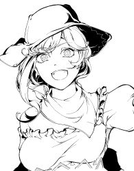 Rule 34 | 1girl, bare shoulders, cowboy hat, greyscale, handkerchief, hat, hi you (flying bear), highres, kurokoma saki, looking at viewer, monochrome, off shoulder, open mouth, short sleeves, simple background, smile, solo, teeth, touhou, wily beast and weakest creature