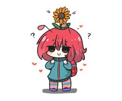 Rule 34 | 1girl, ?, antennae, backpack, bag, blue jacket, blush, chibi, closed mouth, flower, flower on head, heart, jacket, looking at viewer, original, purple footwear, red hair, shadow, shoes, simple background, smile, snail girl, solo, standing, striped clothes, striped thighhighs, sunflower, thighhighs, track jacket, uni souchou, white background, yellow flower