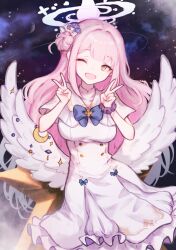 Rule 34 | 1girl, absurdres, angel wings, blue archive, blush, breasts, double v, dress, feathered wings, flower, hair bun, hair flower, hair ornament, halo, highres, large breasts, long hair, looking at viewer, low wings, mika (blue archive), one eye closed, pink hair, pink halo, scrunchie, single side bun, smile, solo, undreaming, v, white dress, white wings, wings, yellow eyes