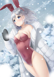 Rule 34 | 1girl, animal ears, black mittens, blue eyes, blush, breasts, cloud, cloudy sky, collarbone, commentary request, day, fake animal ears, grey hair, groin, hair between eyes, hairband, idolmaster, idolmaster shiny colors, jacket, leotard, long sleeves, looking away, medium breasts, mittens, o (rakkasei), open clothes, open jacket, outdoors, parted lips, playboy bunny, rabbit ears, red hairband, red leotard, serizawa asahi, sky, snow, snowing, solo, standing, strapless, strapless leotard, tree, white jacket