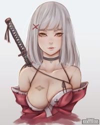 Rule 34 | 1girl, armpit crease, artist name, bad id, bad pixiv id, bare shoulders, black choker, blunt bangs, breast tattoo, breasts, bursting breasts, character request, choker, cleavage, closed mouth, copyright request, grey background, hair ornament, highres, japanese clothes, katana, kimono, lips, liya nikorov, looking at viewer, medium hair, mole, mole on breast, mole under eye, off shoulder, red kimono, sheath, sheathed, simple background, solo, sword, tattoo, upper body, weapon, white hair, x hair ornament, yellow eyes