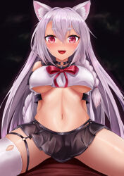 Rule 34 | 1girl, :d, absurdres, animal ears, arms behind back, azur lane, bare shoulders, black choker, black sailor collar, black skirt, blush, braid, breasts, choker, commentary, crop top, crop top overhang, fang, garter straps, grey hair, hair between eyes, highres, long hair, looking at viewer, medium breasts, miniskirt, navel, open mouth, pleated skirt, red eyes, red ribbon, retrofit (azur lane), ribbon, ryara, sailor collar, shirt, short eyebrows, side braid, side ponytail, sidelocks, sitting, skindentation, skirt, smile, solo, stomach, tail, thick eyebrows, thighhighs, torn clothes, torn thighhighs, underboob, white shirt, white thighhighs, wolf ears, wolf girl, wolf tail, yuudachi (azur lane)