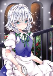 Rule 34 | 1girl, apron, arch, blue dress, blue eyes, blurry, blurry background, blush, braid, breasts, bush, closed mouth, commentary request, dress, holding, izayoi sakuya, looking at viewer, maid apron, maid headdress, medium breasts, nanase nao, outdoors, pocket watch, railing, short hair with long locks, side braids, silver hair, smile, snowing, solo, touhou, twin braids, upper body, watch, white apron, white headwear