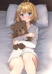 Rule 34 | 1girl, absurdres, b1ack illust, bed sheet, blush, brown hair, collarbone, commission, hugging doll, feet out of frame, highres, idolmaster, idolmaster million live!, looking at viewer, lying, no pants, hugging object, on back, pillow, pixiv commission, shirt, solo, stuffed animal, stuffed toy, suou momoko, tears, teddy bear, white shirt