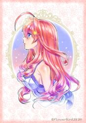 Rule 34 | 1girl, ahoge, bare shoulders, blue dress, blue eyes, breasts, cleavage, closed mouth, collarbone, dress, from side, go-toubun no hanayome, hair ornament, highres, lips, medium breasts, nakano itsuki, profile, red hair, solo, spaghetti strap, star (symbol), star hair ornament, twitter username, upper body, yu (flowerbird3830)