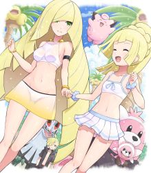 Rule 34 | 1boy, 2girls, :d, absurdres, alolan exeggutor, alolan form, alternate costume, bewear, black male swimwear, black swim trunks, blonde hair, blue scrunchie, bracelet, braid, breasts, brother and sister, clefairy, clenched hand, closed eyes, closed mouth, cloud, collarbone, commentary request, creatures (company), day, eyelashes, game freak, gen 1 pokemon, gen 7 pokemon, gladion (pokemon), green eyes, highres, holding hands, jewelry, knees, legendary pokemon, lillie (pokemon), long hair, lusamine (pokemon), male swimwear, mother and daughter, mother and son, multicolored hair, multiple girls, nail polish, navel, nintendo, open mouth, outdoors, palm tree, parted lips, pokemoa, pokemon, pokemon (creature), pokemon sm, scrunchie, see-through, see-through skirt, shiny skin, short sleeves, siblings, silvally, skirt, sky, smile, standing, streaked hair, stufful, swim trunks, swimsuit, tongue, tree, wrist scrunchie, yellow nails, |d