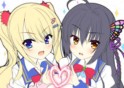 Rule 34 | 2girls, :d, ahoge, aria (koiiroharemoyou), artist name, black hair, blonde hair, blue collar, blue eyes, blush, bow, braid, butterfly hair ornament, close-up, collar, commentary, english text, eyelashes, eyes visible through hair, fang, hair between eyes, hair ornament, hair ribbon, hairclip, heart, heart hands, heart hands duo, jougasaki ayaka, kin-iro loveriche, kisaki reina, long sleeves, looking at viewer, multiple girls, open mouth, orange eyes, pom pom (clothes), purple ribbon, red bow, ribbon, school uniform, shirt, side-by-side, simple background, single braid, smile, sparkle, straight hair, twintails, v-shaped eyebrows, wavy hair, white background, white shirt, wing collar