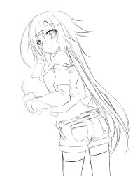 Rule 34 | 1girl, chabaneko, eating, from behind, greyscale, highres, long hair, looking back, monochrome, original, shorts, simple background, sketch, solo, tarutaru22, thighhighs, very long hair, white background
