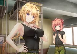 Rule 34 | 2girls, bed, black shirt, black tank top, breast envy, breasts, bunk bed, camouflage, camouflage pants, covered erect nipples, dog tags, ellen aice, flat chest, game cg, green eyes, hair intakes, hands on own chest, highres, large breasts, looking at viewer, looking down, low ponytail, miono shizuku, multiple girls, muv-luv, muv-luv alternative, muv-luv unlimited: the day after, official art, pants, pink hair, purple eyes, sayori (neko works), shirt, shirt tucked in, smile, tank top, two side up
