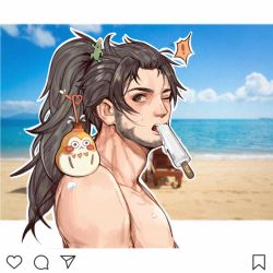 Rule 34 | !, 1boy, absurdres, bad id, bad pixiv id, beach, beard, black hair, caratora, collarbone, day, drinking straw, facial hair, fake screenshot, final fantasy, final fantasy xiv, food, from side, gourd, grey eyes, hair ornament, hair slicked back, hien rijin, high ponytail, highres, holding, holding food, long hair, looking at viewer, looking to the side, male focus, mouth hold, nude, ocean, one eye closed, open mouth, outdoors, pectorals, ponytail, popsicle, sand, solo, surprised, teeth hold, upper body, user interface, water