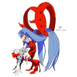 Rule 34 | 1girl, armor, blue hair, closed mouth, dated, earrings, floating, gloves, high heels, highres, jewelry, long hair, naji yanagida, original, pauldrons, red footwear, shoulder armor, signature, simple background, sketch, solo, squatting, torn clothes, vambraces, very long hair, white background, white gloves, yellow eyes