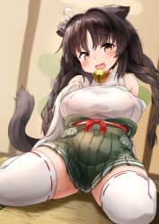 Rule 34 | 1girl, :d, absurdres, anchor hair ornament, animal ears, azur lane, bare shoulders, bell, black hair, blurry, blurry background, blush, braid, breasts, brown eyes, choker, commentary request, depth of field, detached sleeves, fang, green skirt, hair intakes, hair ornament, highres, japanese clothes, jingle bell, kagarimachi konatsu, kimono, large breasts, long hair, long sleeves, looking at viewer, neck bell, on floor, ooshio (azur lane), open mouth, pleated skirt, red choker, ribbon-trimmed legwear, ribbon trim, sitting, skirt, sleeveless, sleeveless kimono, sleeves past fingers, sleeves past wrists, smile, solo, tail, thighhighs, thighs, twin braids, twintails, very long hair, wariza, white kimono, white sleeves, white thighhighs