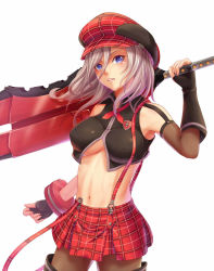 Rule 34 | 10s, 1girl, alisa ilinichina amiella, blue eyes, blush, breasts, cabbie hat, checkered clothes, checkered skirt, cowboy shot, emblem, god eater, hat, holding, holding weapon, large breasts, lips, looking at viewer, midriff, navel, pantyhose, parted lips, seberry, silver hair, skirt, solo, suspender skirt, suspenders, underboob, weapon, wrist cuffs