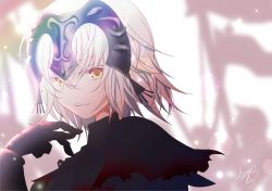 Rule 34 | 1girl, black dress, blurry, blurry background, brown eyes, chain, closed mouth, commentary request, depth of field, dress, fate/grand order, fate (series), gauntlets, hair between eyes, hand up, headphones, jeanne d&#039;arc (fate), jeanne d&#039;arc alter (avenger) (fate), jeanne d&#039;arc alter (fate), long hair, looking at viewer, looking to the side, sheepd, signature, silver hair, solo, upper body