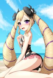 Rule 34 | 1girl, artist name, beach, black bow, blonde hair, blue sky, blush, bow, cloud, day, elise (fire emblem), elise (summer) (fire emblem), fire emblem, fire emblem fates, fire emblem heroes, from side, hair bow, highres, long hair, looking to the side, multicolored hair, nintendo, obakeart, one-piece swimsuit, open mouth, outdoors, purple eyes, purple hair, sitting, sky, solo, swimsuit, torn clothes, torn swimsuit, twintails, water