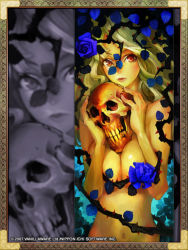 Rule 34 | 1girl, blonde hair, blue rose, breasts, cleavage, curly hair, flower, grimgrimoire, kamitani george, large breasts, long hair, lujei piche, midriff, nippon ichi, official art, red eyes, rose, skull, solo, thorns, witch