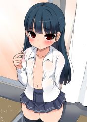 Rule 34 | 1girl, black hair, black thighhighs, blush, brown eyes, condom, covered erect nipples, desk, flat chest, highres, holding, kyokutou hentai samurai, long hair, looking at viewer, navel, no bra, open clothes, open shirt, original, pleated skirt, pussy juice, school uniform, shirt, skirt, solo, sweat, thighhighs, used condom, window