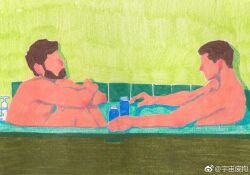 Rule 34 | 2boys, arm rest, bara, colored pencil (medium), couple, dagou (yuzhou fei gou), faceless, faceless male, from side, geass, knees up, looking to the side, male focus, mature male, multiple boys, nude, original, pool, same-sex bathing, shared bathing, short hair, thick eyebrows, traditional media, weibo logo, weibo watermark, yaoi