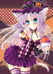 Rule 34 | 1girl, animal ears, aqua eyes, argyle, breasts, bridal gauntlets, cat ears, cat tail, cleavage, food, halloween, hat, ice cream, large breasts, long hair, meiya neon, nail polish, original, patterned legwear, purple hair, ribbon, solo, striped clothes, striped ribbon, striped thighhighs, tail, thighhighs, two-tone stripes, witch hat