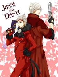 Rule 34 | 1boy, 1girl, bayonetta, bayonetta (series), bayonetta 1, blue eyes, capcom, coat, creator connection, dante (devil may cry), devil may cry (series), earrings, feathers, fingerless gloves, glasses, gloves, gun, handgun, hands on own hips, ivory (devil may cry), jeanne (bayonetta), jewelry, lipstick, looking back, m1911, makeup, mikaneco, short hair, trench coat, weapon, white hair