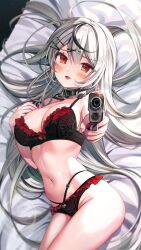 Rule 34 | 1girl, absurdres, aiming, aiming at viewer, bare arms, bare shoulders, black bra, black choker, black panties, bra, breasts, choker, cleavage, fang, frilled bra, frilled panties, frills, grey hair, gun, hair ornament, hair spread out, hairclip, hand up, handgun, heart, highres, holding, holding gun, holding weapon, hololive, large breasts, lingerie, long hair, looking at viewer, luna nyann, lying, multi-strapped panties, multicolored hair, navel, on back, open mouth, outstretched arm, panties, red eyes, sakamata chloe, smile, solo, stomach, streaked hair, thighs, underwear, underwear only, very long hair, virtual youtuber, weapon, x hair ornament