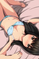 Rule 34 | 1girl, absurdres, bare arms, bare legs, bare shoulders, barefoot, bed sheet, black hair, blue bra, blue panties, blush, bow, bow bra, bow panties, bra, breasts, brown eyes, closed mouth, collarbone, dutch angle, highres, long hair, looking at viewer, lying, matsunaga kouyou, navel, nose blush, on back, original, panties, small breasts, smile, solo, underwear, underwear only