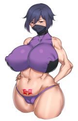 Rule 34 | 10s, 1girl, ayame (gundam build divers), blush, breasts, cameltoe, cleft of venus, covered erect nipples, curvy, gundam, gundam build divers, highres, huge breasts, looking at viewer, midriff, natedecock, navel, ninja, purple eyes, purple hair, short hair, smile, solo, thick thighs, thighs