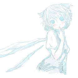 Rule 34 | 1girl, blue theme, blush, bow, cirno, eyebrows, eyelashes, frills, hair between eyes, hair bow, hair ornament, hand on own chin, hatching (texture), ice, ice wings, looking up, motsuni (artist), partially colored, puffy short sleeves, puffy sleeves, sanpaku, short hair, short sleeves, simple background, sketch, smile, solo, thinking, touhou, upper body, white background, wings