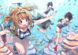 Rule 34 | 10s, 3girls, air bubble, asymmetrical hair, black hair, boots, breath, brown eyes, bubble, collarbone, coral, fish, framed breasts, freediving, gloves, hair between eyes, hairband, harness, hat, headphones, high heel boots, high heels, highres, i-13 (kancolle), i-14 (kancolle), i-26 (kancolle), kantai collection, light brown hair, long hair, machinery, multiple girls, new school swimsuit, ocean, open mouth, outstretched arms, partially fingerless gloves, rigging, rojiko, sailor collar, sandals, school swimsuit, shirt, short hair, short sleeves, siblings, sisters, swimsuit, tsurime, two-tone hairband, two side up, underwater, zipper